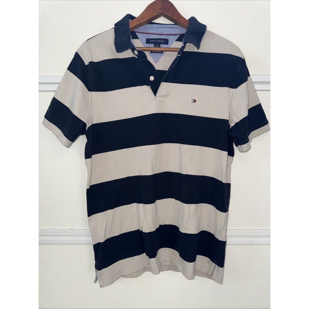 Tommy‎ Hilfiger Men's Slim Fit Polo Shirt Large Blue Brown Stripes